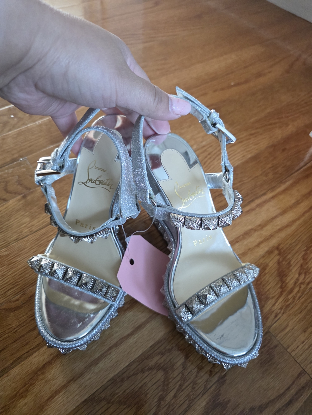 Christian Louboutin Silver Metallic Studded Wedge Sandals